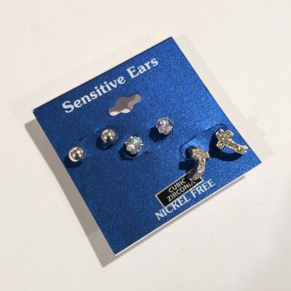 Set of 3 Silver-Tone Stud Earrings - Cubic Zirconia & Cross Design Women Jewelry - Picture 3 of 8